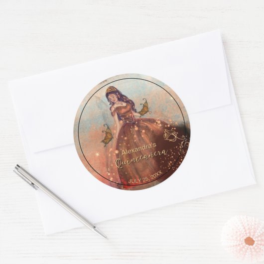 Elegant  Koper Roos Quinceañera Ronde Sticker (Envelop)