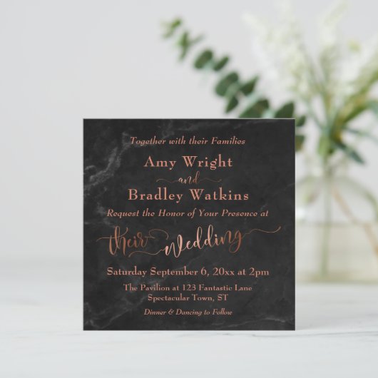 Elegant Koper Script w / Zwart Marmer | Bruiloft Kaart (Staand voorkant)