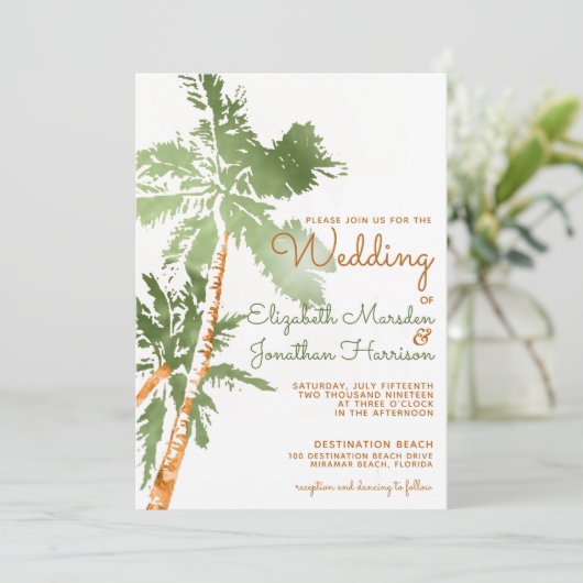 Elegant koperen palm Trees Tropical Beach Wedding Kaart (Staand voorkant)