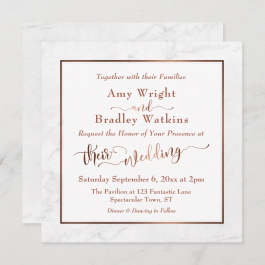 Elegant Koperen Script w / Wit Marmer | Bruiloft Kaart (Voorkant / Achterkant)
