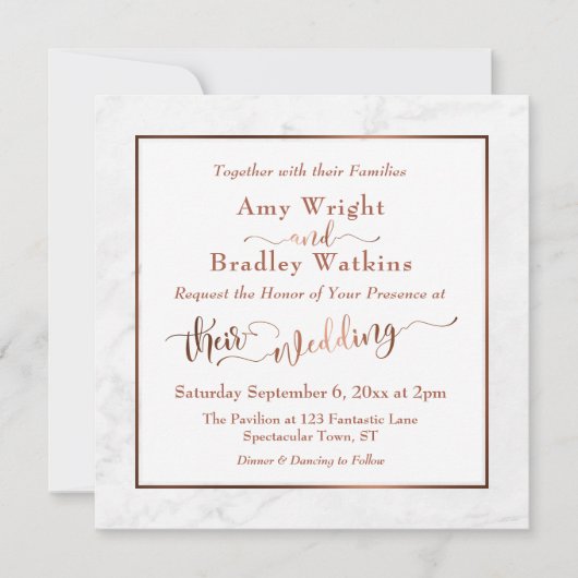 Elegant Koperen Script w / Wit Marmer | Bruiloft Kaart (Voorkant)