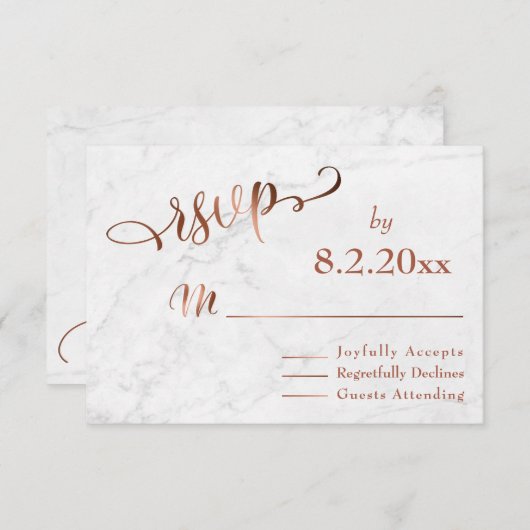 Elegant Koperen Script w / Wit Marmeren Bruiloft R RSVP Kaartje (Voorkant / Achterkant)