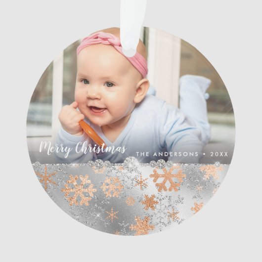 Elegant kopergoud zilveren sneeuwvlokken, aangepas ornament (voorkant)