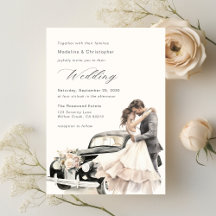Elegant Koppel Vintage Trouwauto Uitnodiging