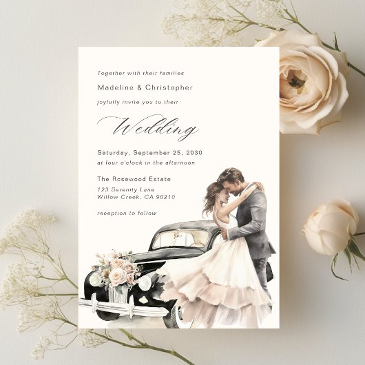 Elegant Koppel Vintage Trouwauto Uitnodiging