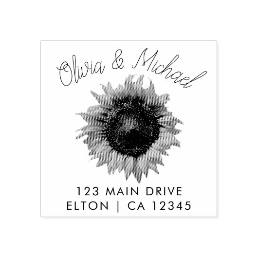 Elegant Koppels Script Bruiloft Adres Zonnebloem Rubberstempel (Afrduk)