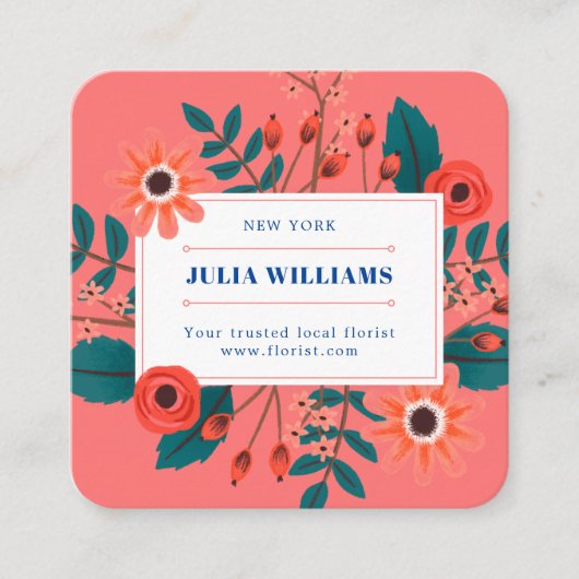 Elegant koraal blauw floral boho flower bouquet vierkante visitekaartje (Voorkant)