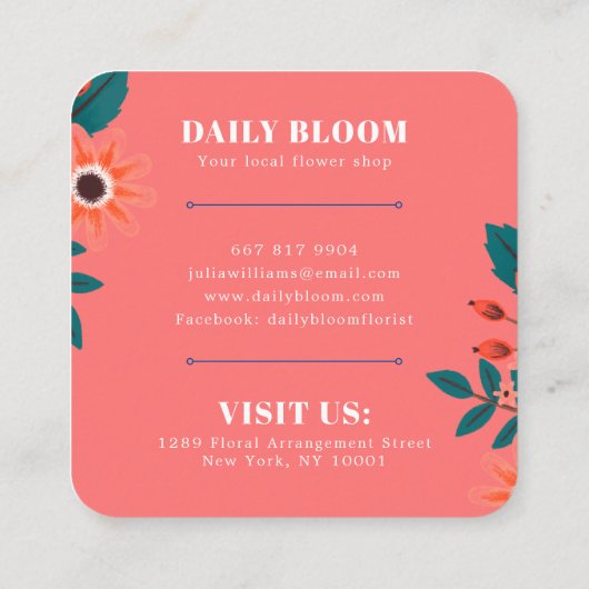 Elegant koraal blauw floral boho flower bouquet vierkante visitekaartje (Achterkant)