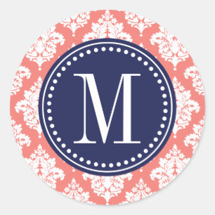 Elegant koraal Damask gepersonaliseerd Ronde Sticker