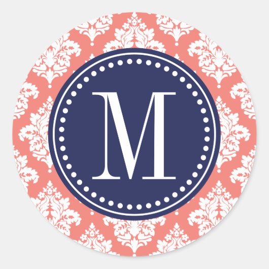 Elegant koraal Damask gepersonaliseerd Ronde Sticker (Voorkant)