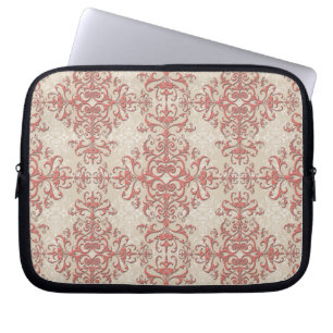 Elegant Koraal en Antiek Witte Damast Patroon Laptop Sleeve