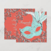Elegant koraal en Blauwgroen Blue Masquerade Party Kaart (Voorkant / Achterkant)