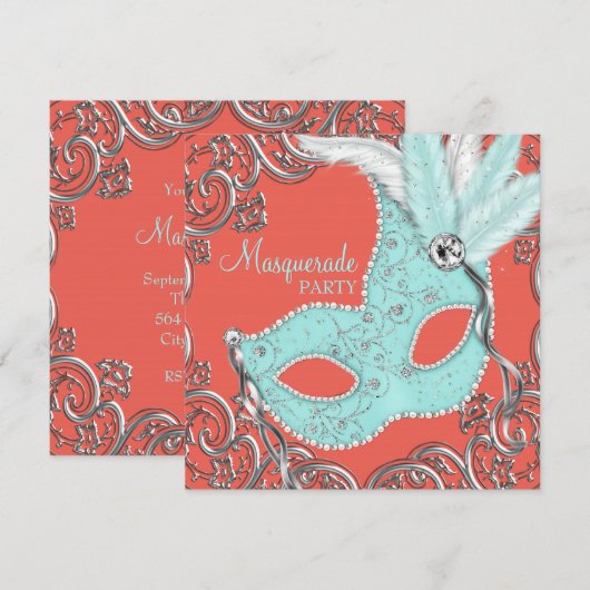 Elegant koraal en Blauwgroen Blue Masquerade Party Kaart (Voorkant / Achterkant)
