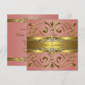 Elegant Koraal en Goud Verjaardagsfeest Kaart (Voorkant / Achterkant)