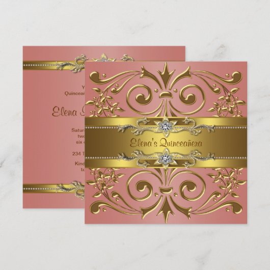 Elegant Koraal en Goud Verjaardagsfeest Kaart (Voorkant / Achterkant)