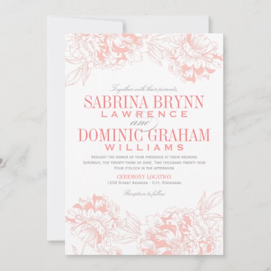 Elegant koraal en grijs bloempeony bruiloft kaart (Voorkant)