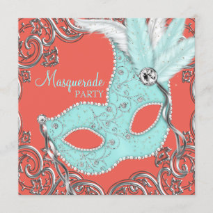Elegant Koraal en Turquoise Blauwe Maskerade Feest Kaart
