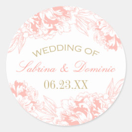 Elegant koraal goud bloemig pioen bruiloft monogra ronde sticker