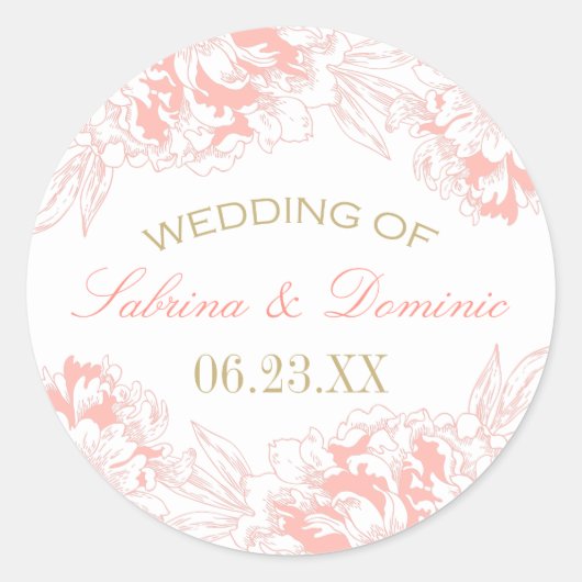 Elegant koraal goud bloemig pioen bruiloft monogra ronde sticker (Voorkant)