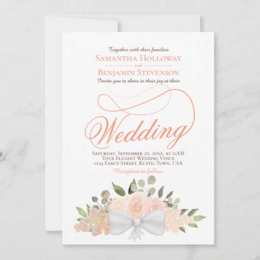 Elegant koraal perzik bloemboeket QR code bruiloft Kaart (Voorkant)