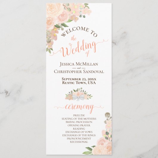 Elegant koraal perzik Waterverf bloemenbruiloft Programmakaart (Voorkant)