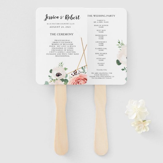 Elegant koraal roze bloemen bruiloft programma op  handwaaier (Voorkant en achterkant)