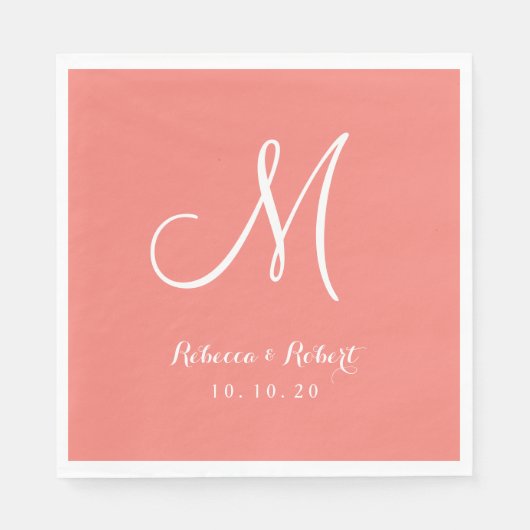 Elegant Koraal Roze en Wit Monogram Papier servet (Voorkant)