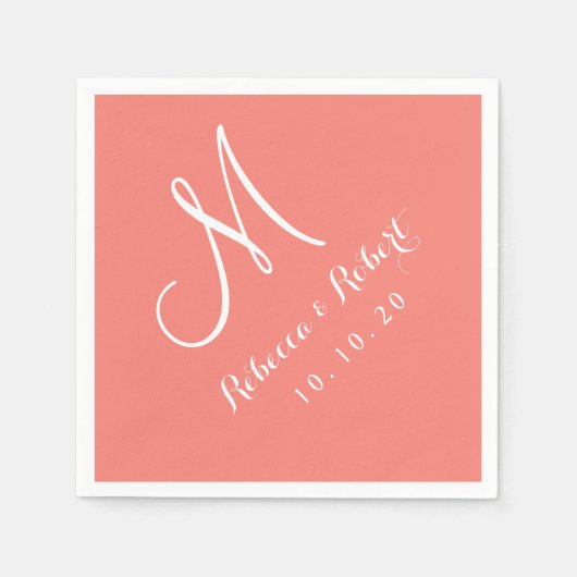 Elegant Koraal Roze en Wit Monogram Papier servet (Voorkant)