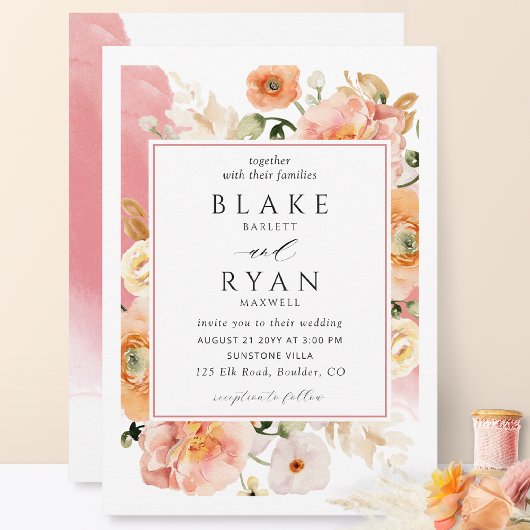 Elegant koraal, roze, peach botanical Wedding Kaart
