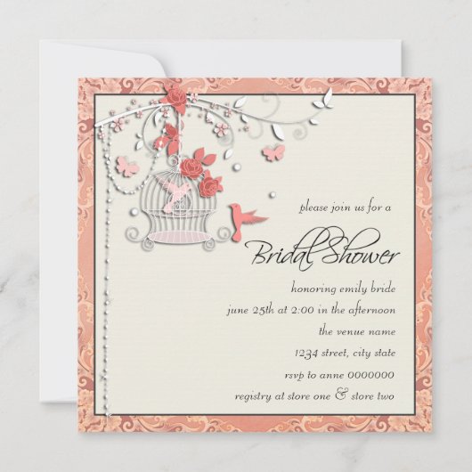 Elegant koraal vogelkooi Vrijgezellenfeest Kaart (Achterkant)