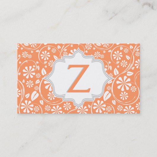 Elegant koraal, wit, grijs bloemenpatroon monogram visitekaartje (Voorkant)