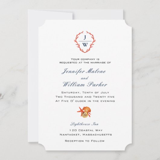 Elegant koraalkrest met initiaal-strand bruiloft kaart (Voorkant)