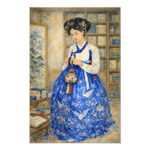 Elegant Koreaans Hanbok-meisje met geluksbuidel Foto Afdruk
