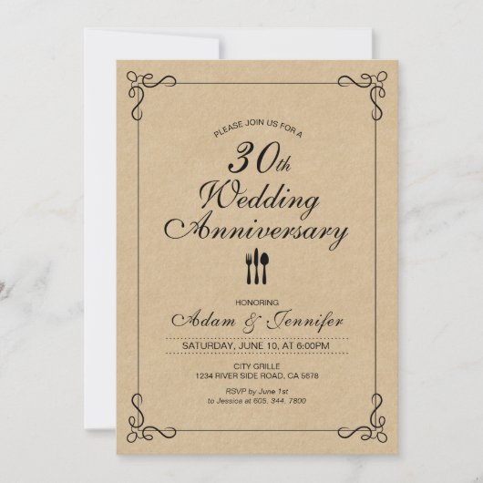 Elegant kraft 30th Wedding Jubileum Uitnodiging (Voorkant)