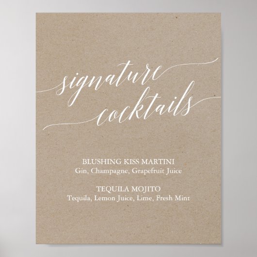 Elegant Kraft Calligraphy Signature Cocktails Sign Poster (Voorkant)