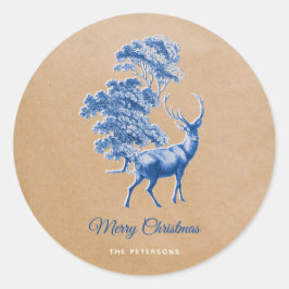 Elegant Kraft Paper Blue Deer in Forest Ronde Sticker