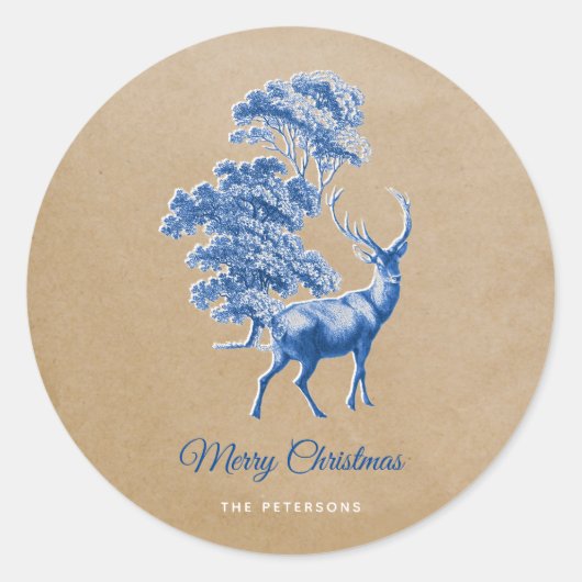 Elegant Kraft Paper Blue Deer in Forest Ronde Sticker (Voorkant)