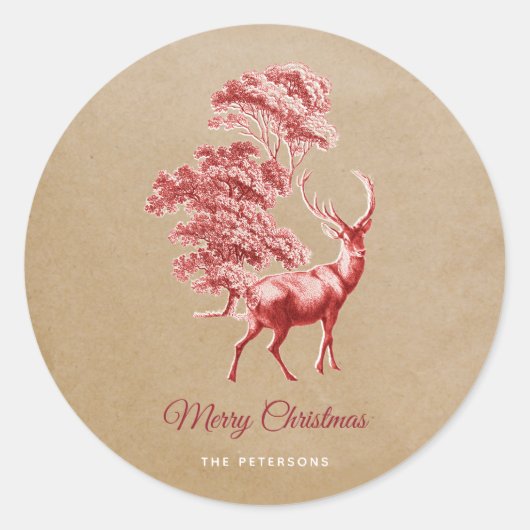 Elegant Kraft Paper Red Deer in Forest Ronde Sticker (Voorkant)