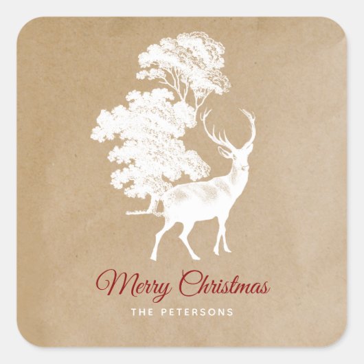 Elegant Kraft Paper White Deer in Forest Vierkante Sticker (Voorkant)