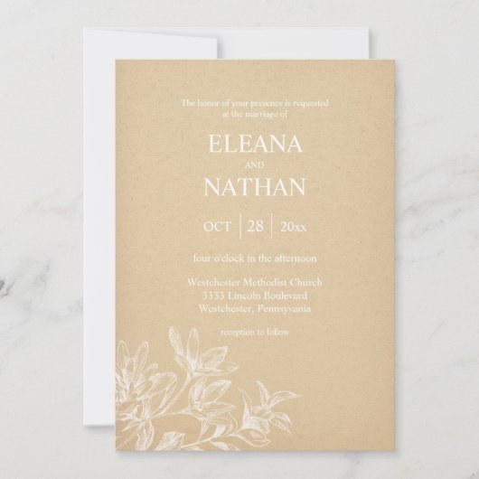 Elegant Kraft papier wit bloemen eenvoudige bruilo Kaart (Voorkant)