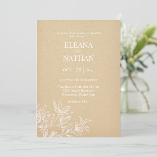 Elegant Kraft papier wit bloemen eenvoudige bruilo Kaart (Staand voorkant)