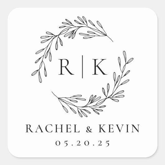 Elegant krans bruiloft Initiaal Monogram Vierkante Sticker (Voorkant)