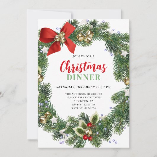 Elegant krans kerstdiner partij kaart (Voorkant)