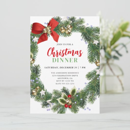 Elegant krans kerstdiner partij kaart (Staand voorkant)