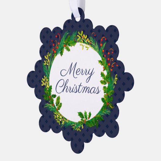 Elegant krans Modern Navy Blue Naam toevoegen Kers Ornament Kaart (Links)