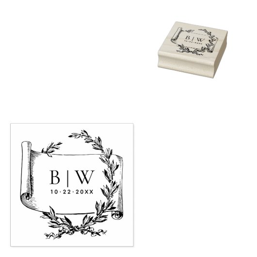 Elegant  krans Monogram Bruiloft Hout Rubberstempel (Gestempeld)