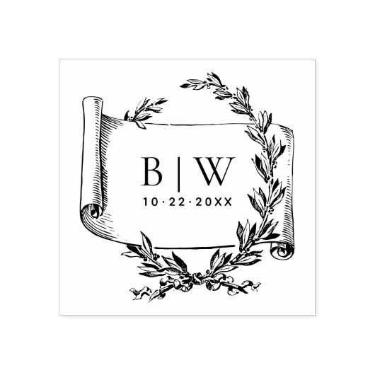 Elegant krans Monogram Bruiloft Hout Rubberstempel (Afrduk)