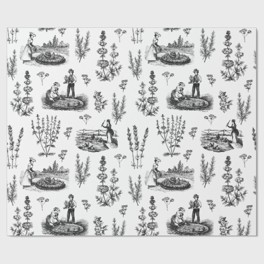 Elegant  kruidentuin zwart wit toilet cadeaupapier (Vlak)