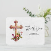 Elegant kruis met roze bloemen bedankkaart (Staand voorkant)