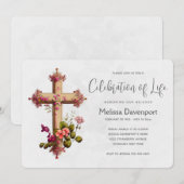 Elegant kruis met roze bloemen monument kaart (Voorkant / Achterkant)